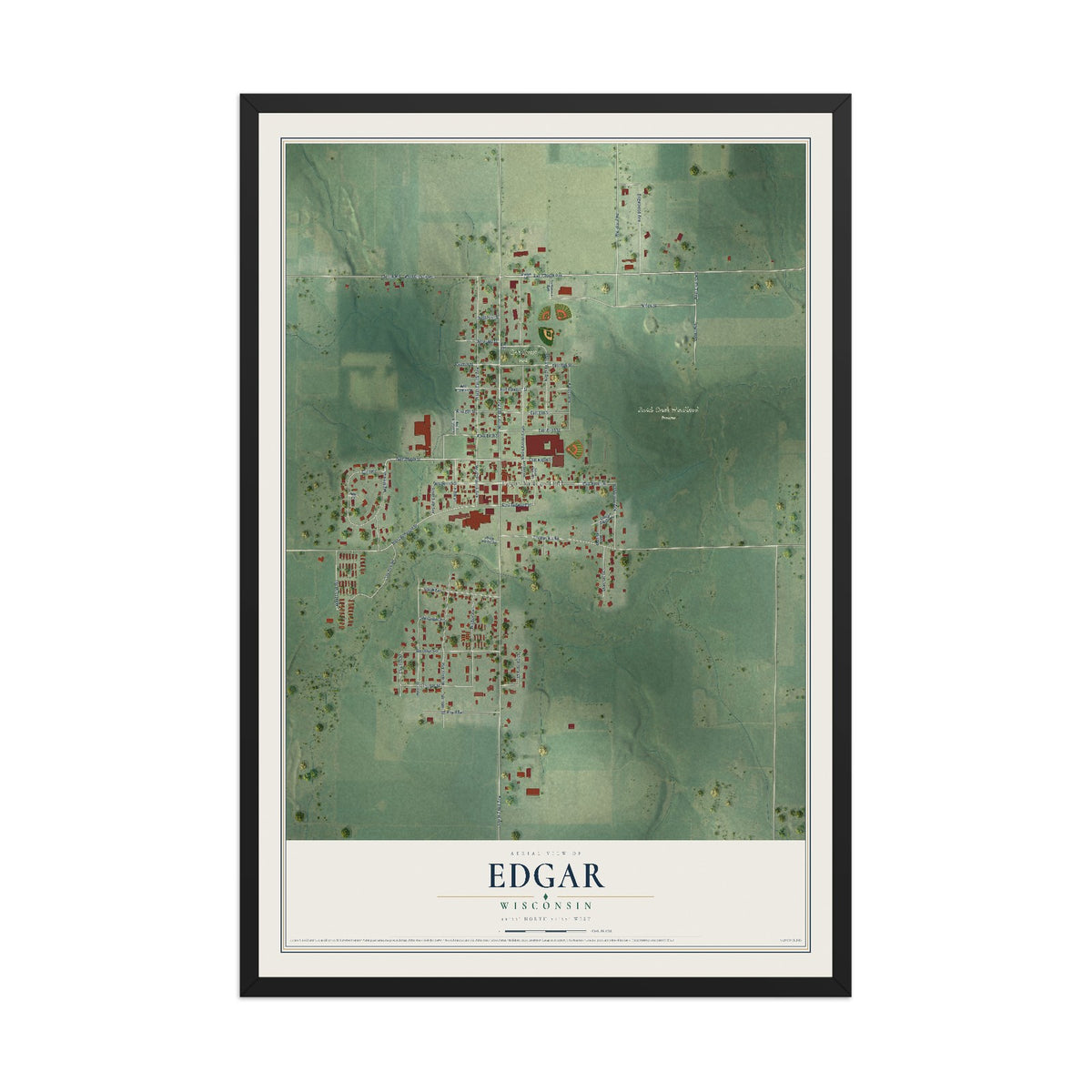 Map of Edgar, Wisconsin, 12 x 18 inch print in a black wood frame