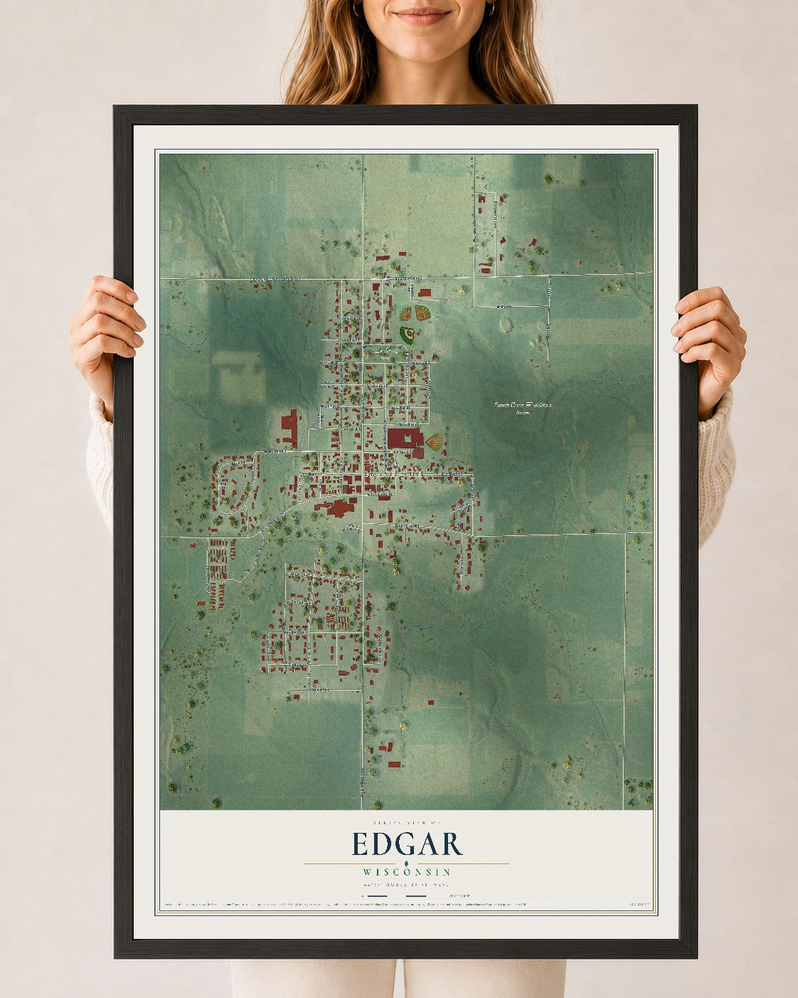 Map of Edgar, Wisconsin, 24 x 36 inch print in a black wood frame
