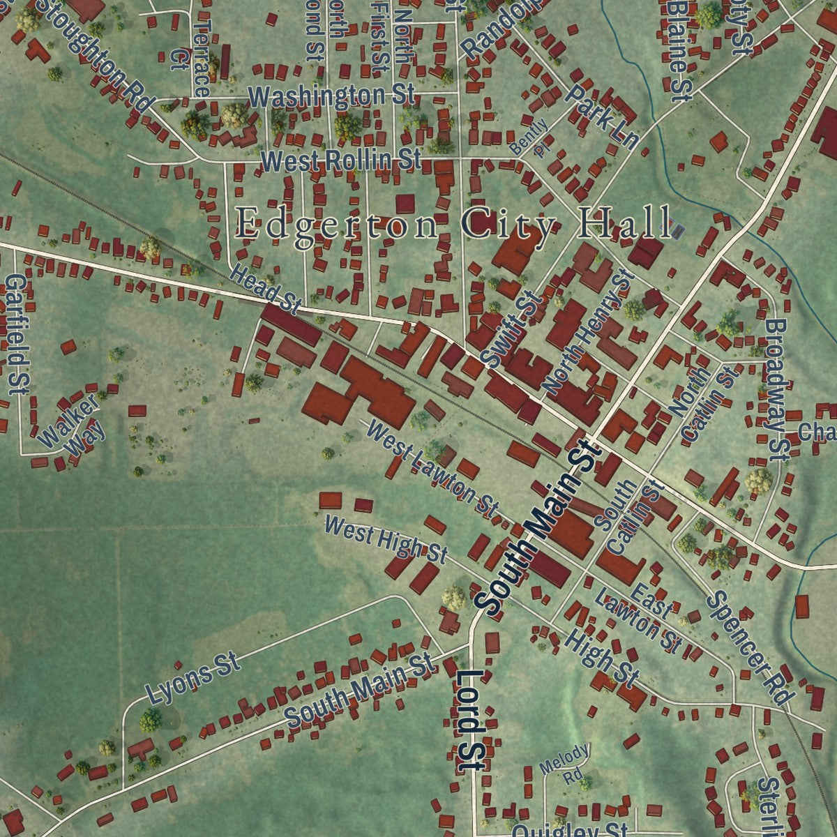 Close-up of the map of Edgerton, Wisconsin print showing street and building detail