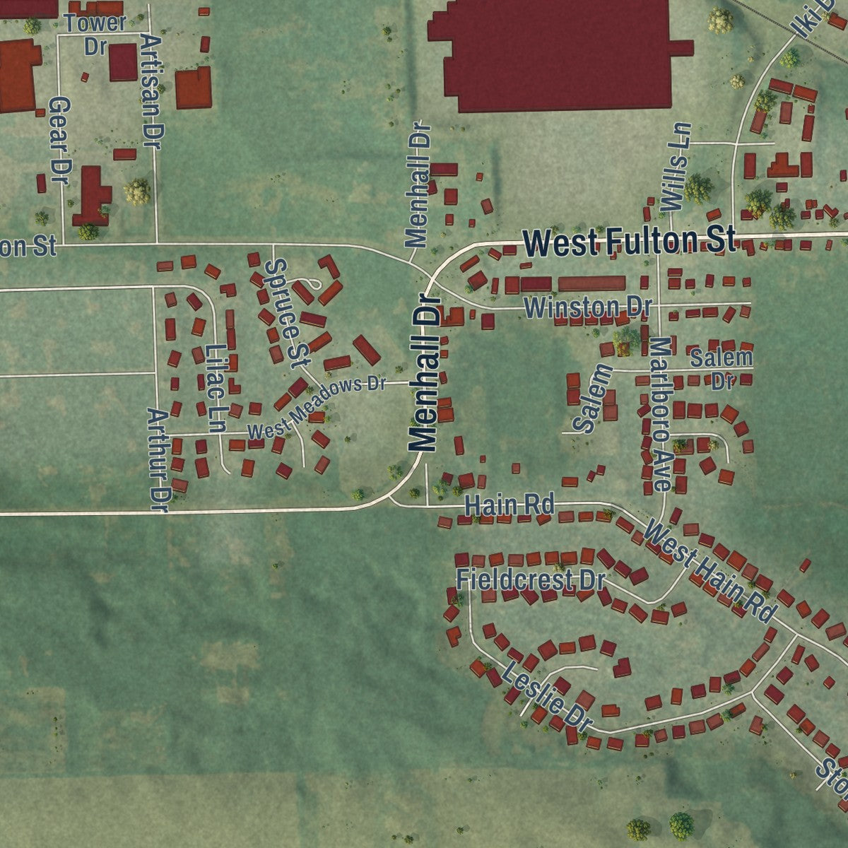 Second close-up of the map of Edgerton, Wisconsin print showing more streets and buildings