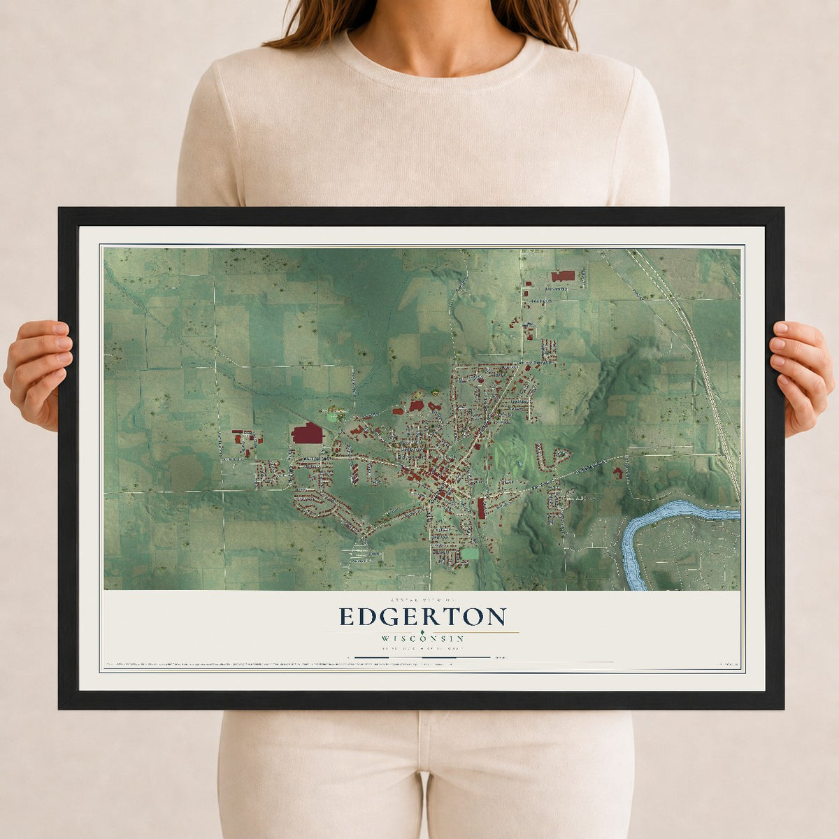 Map of Edgerton, Wisconsin, 12 x 18 inch print in a black wood frame