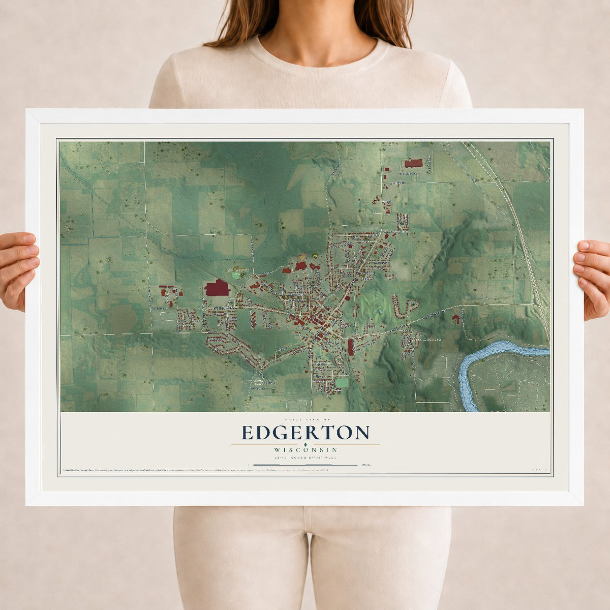 Map of Edgerton, Wisconsin, 18 x 24 inch print in a white wood frame