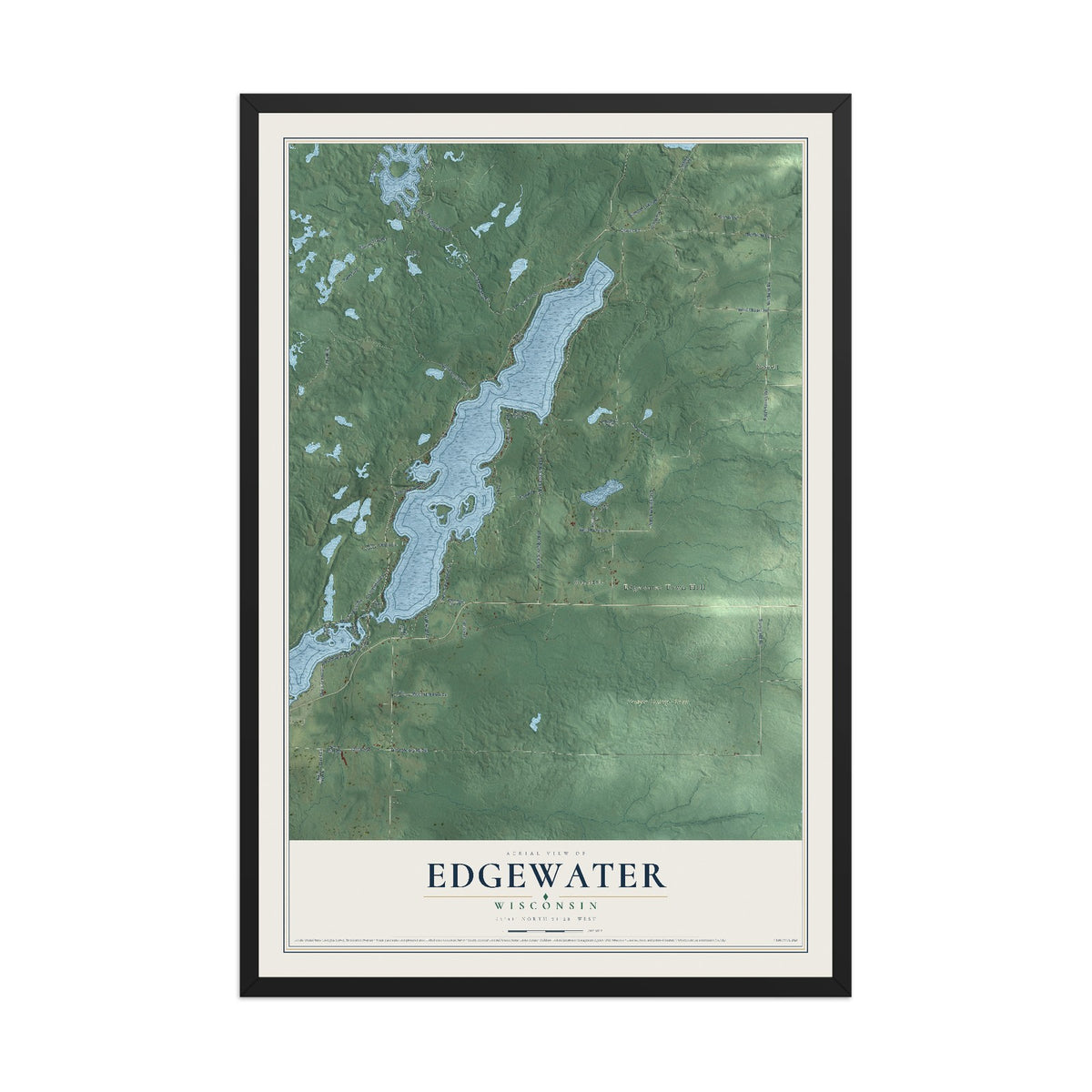 Map of Edgewater, Wisconsin, 12 x 18 inch print in a black wood frame