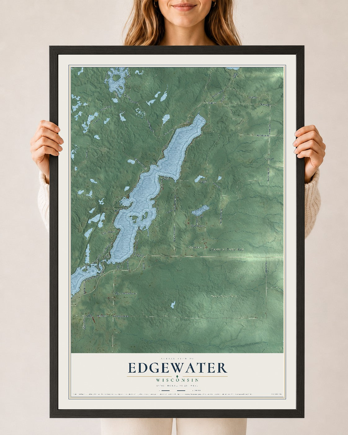 Map of Edgewater, Wisconsin, 24 x 36 inch print in a black wood frame