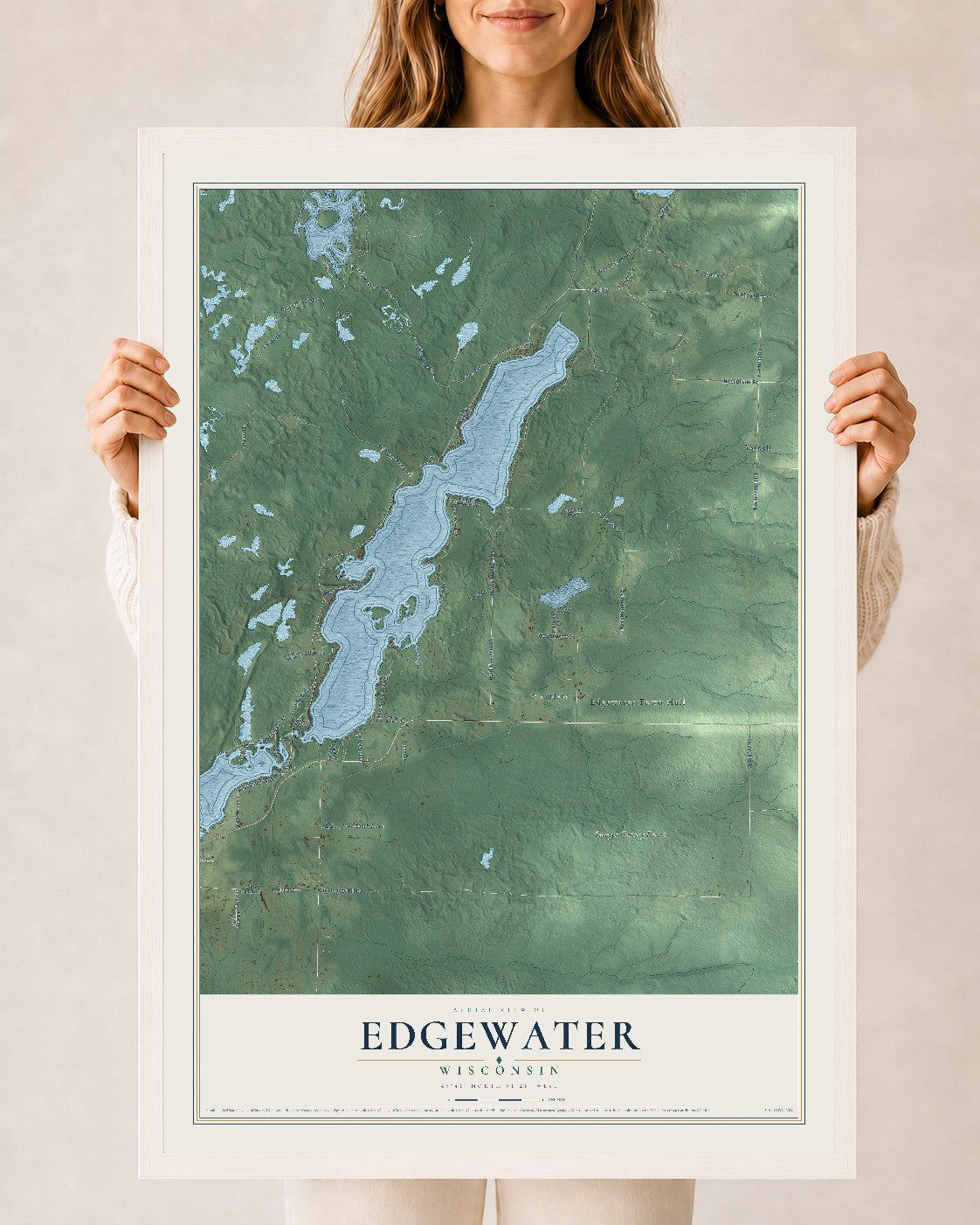 Map of Edgewater, Wisconsin, 24 x 36 inch print in a white wood frame