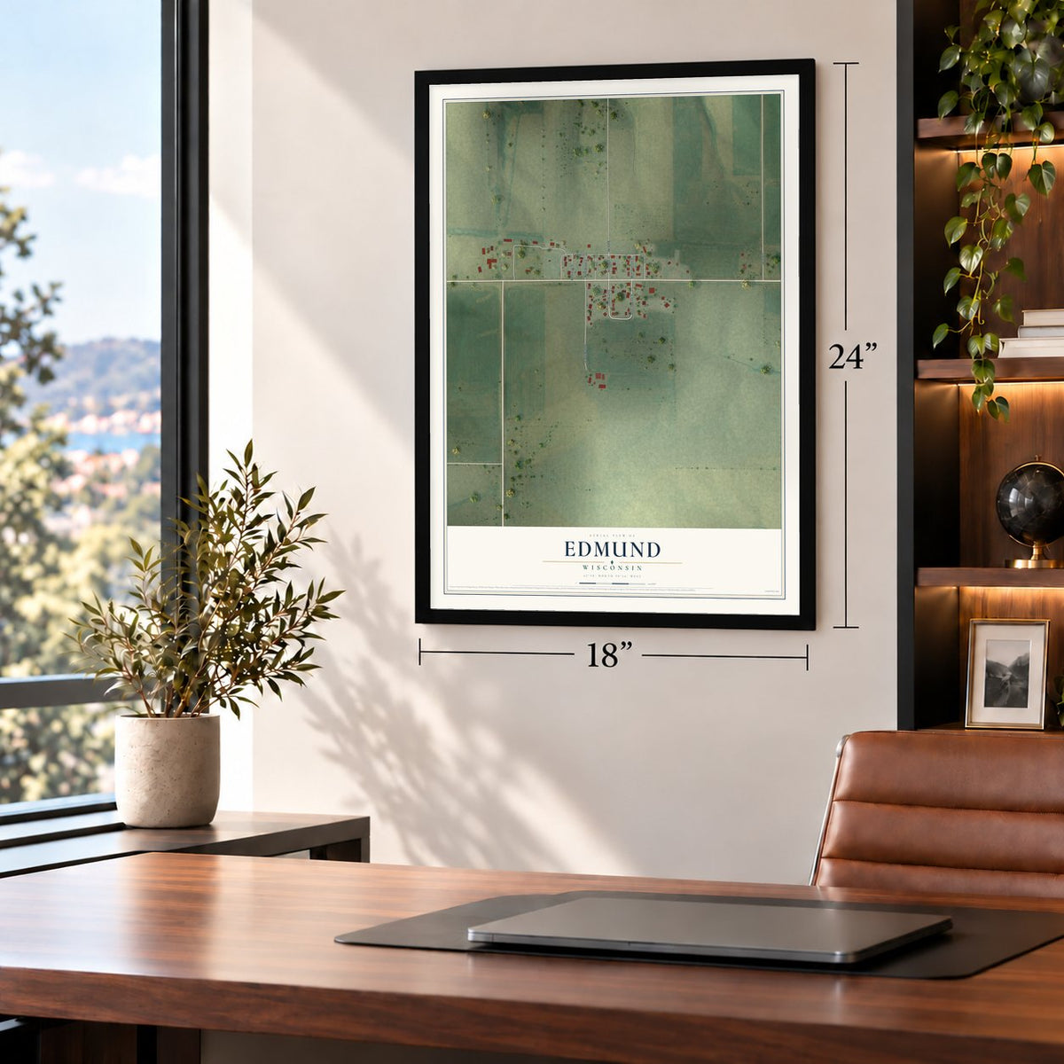Edmund, Wisconsin map, 18 x 24 inch print in a black frame in a home office