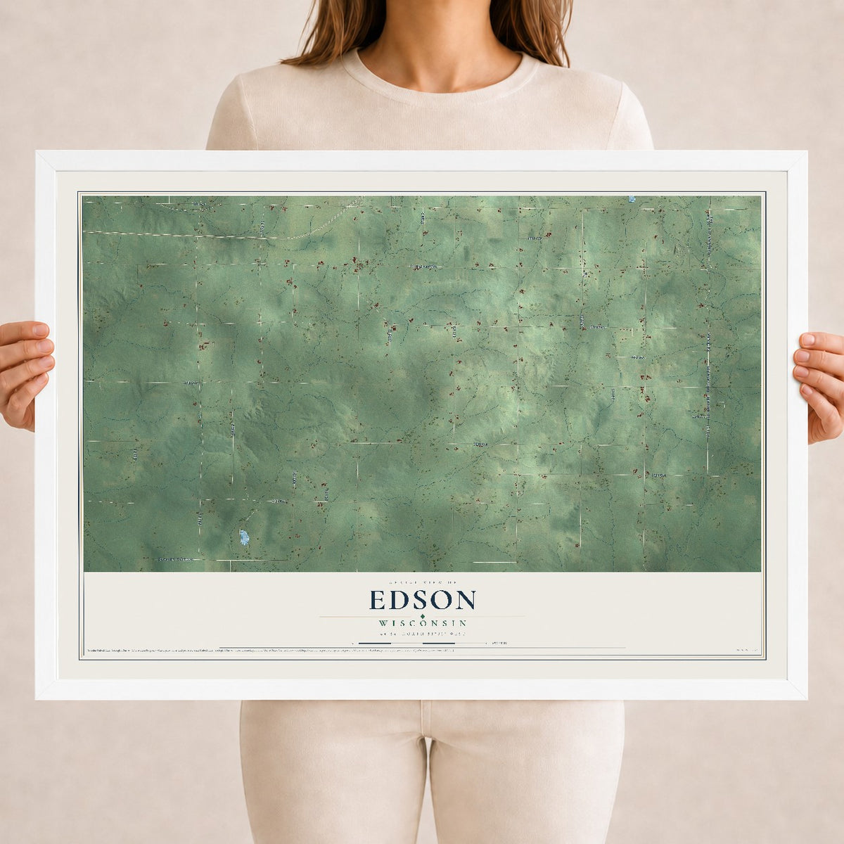 Map of Edson, Wisconsin, 18 x 24 inch print in a white wood frame
