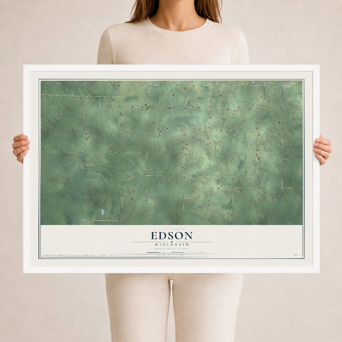 Map of Edson, Wisconsin, 24 x 36 inch print in a white wood frame