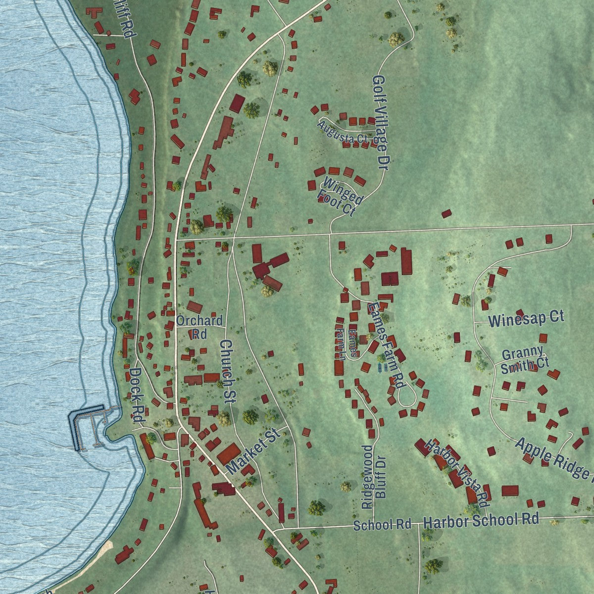 Close-up of the map of Egg Harbor, Wisconsin print showing street and building detail