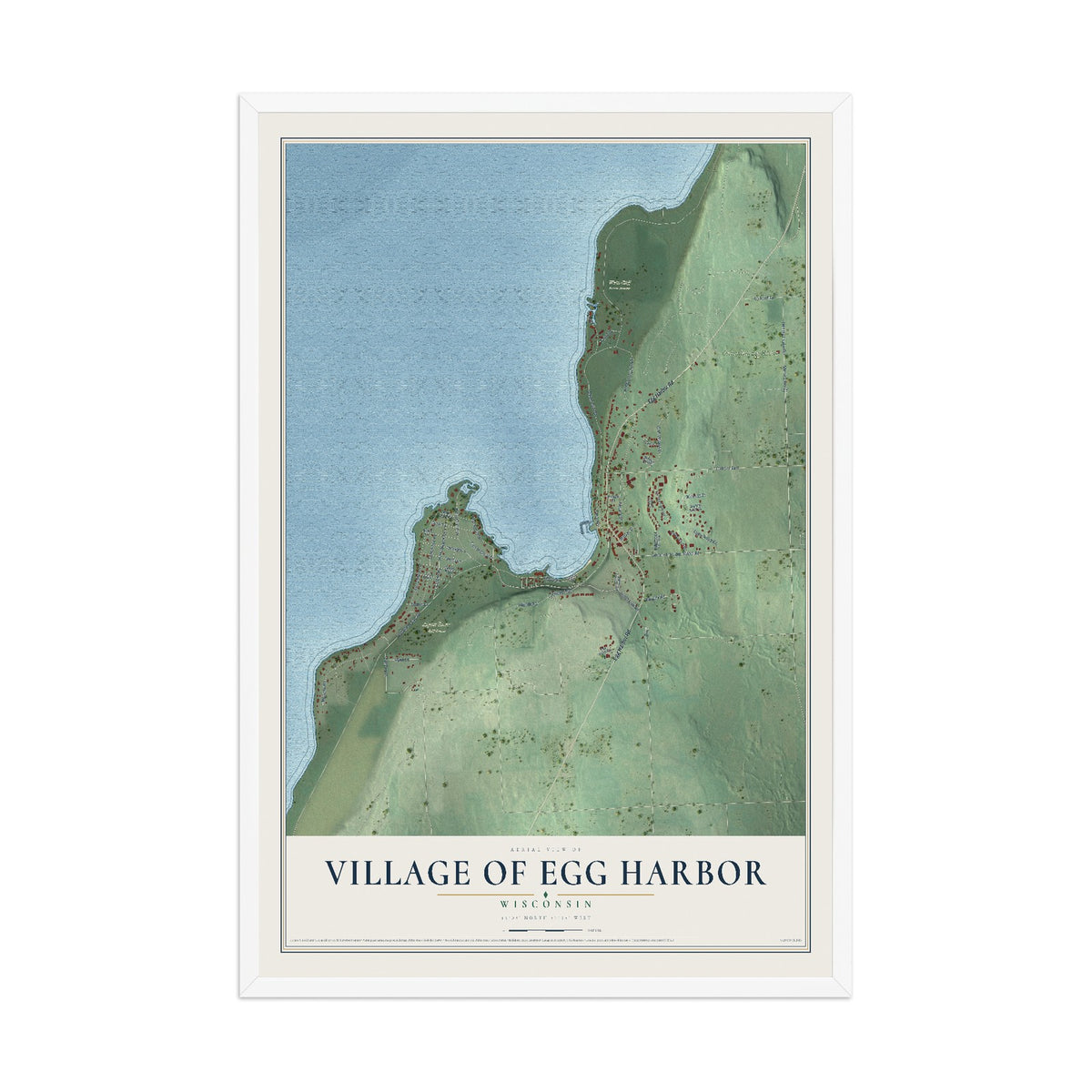 Map of Egg Harbor, Wisconsin, 12 x 18 inch print in a white wood frame