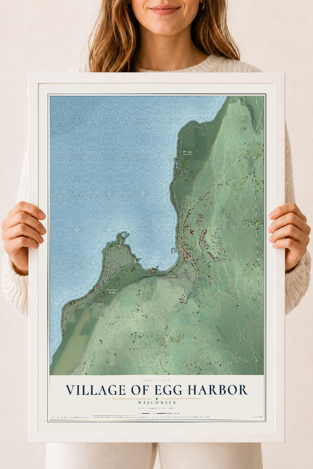 Map of Egg Harbor, Wisconsin, 18 x 24 inch print in a white wood frame