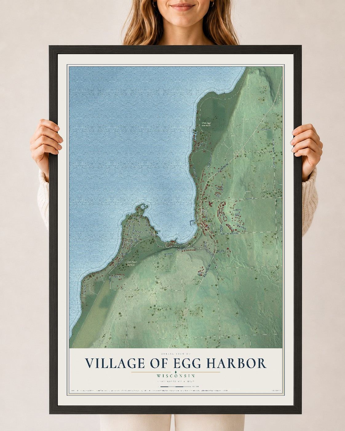 Map of Egg Harbor, Wisconsin, 24 x 36 inch print in a black wood frame