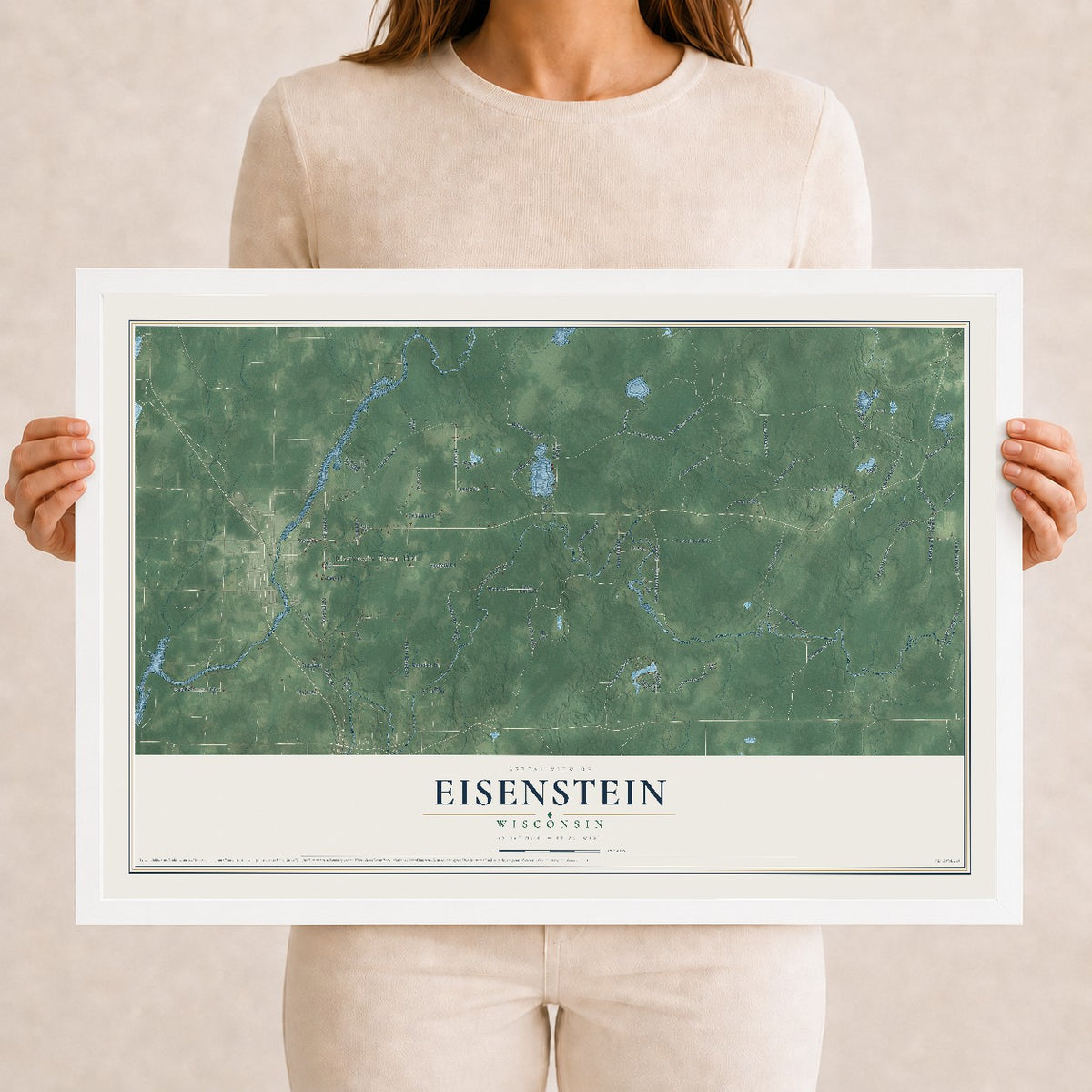 Map of Eisenstein, Wisconsin, 12 x 18 inch print in a white wood frame
