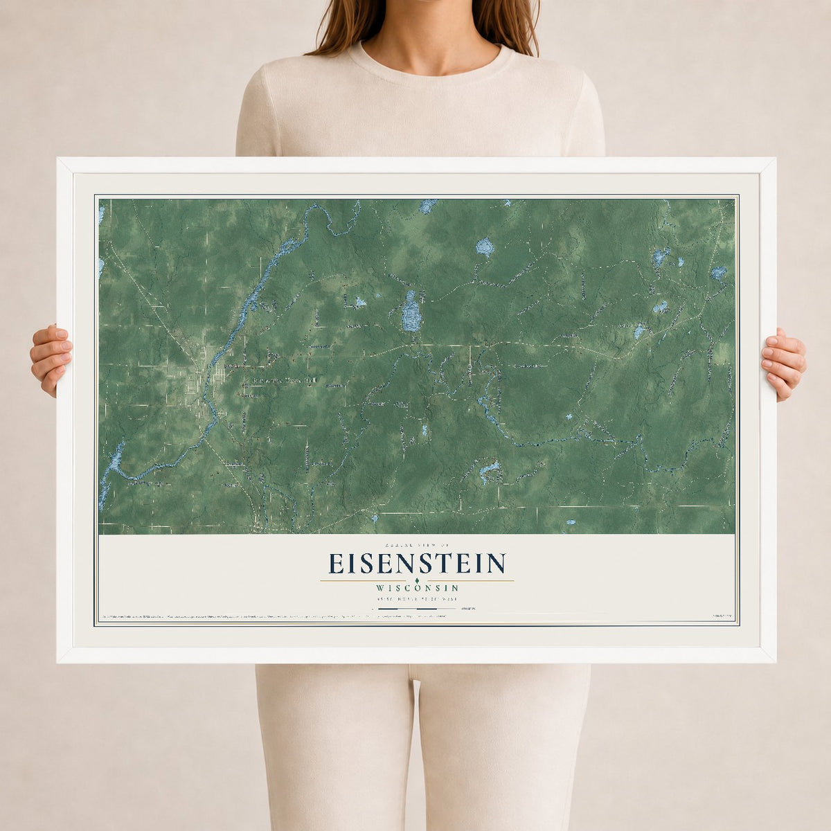 Map of Eisenstein, Wisconsin, 24 x 36 inch print in a white wood frame