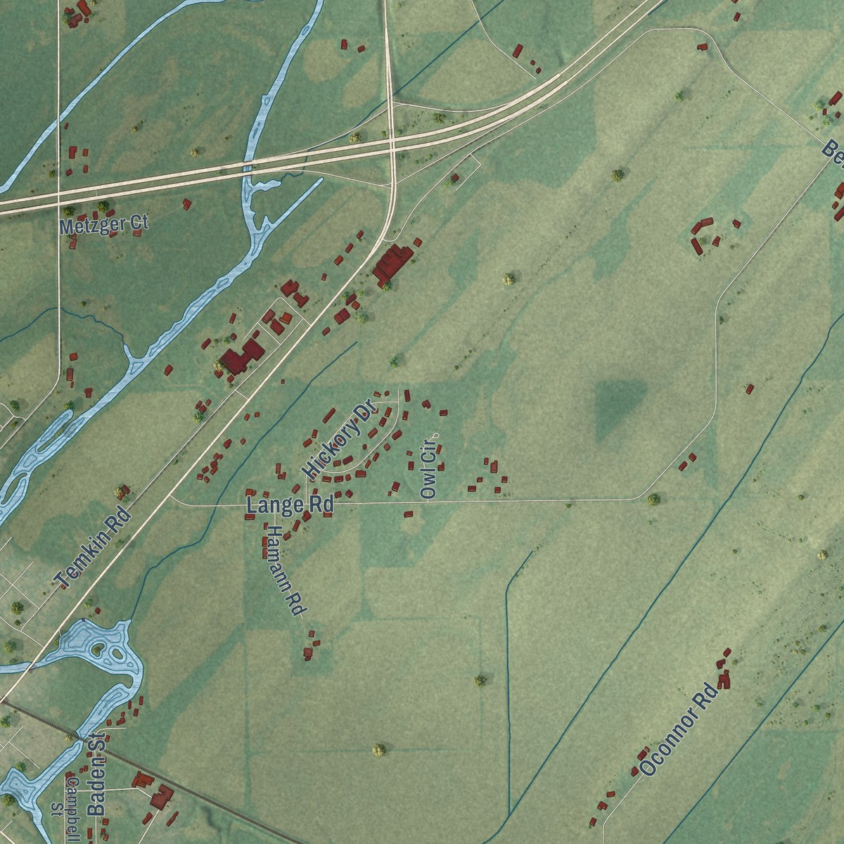 Close-up of the map of Elba, Wisconsin print showing street and building detail