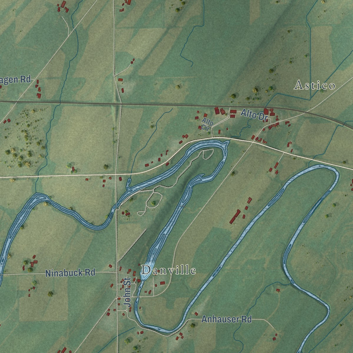 Second close-up of the map of Elba, Wisconsin print showing more streets and buildings