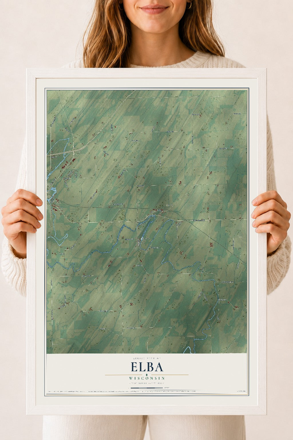 Map of Elba, Wisconsin, 18 x 24 inch print in a white wood frame