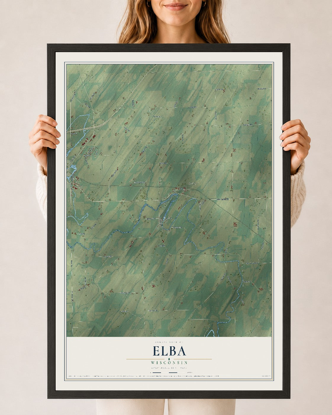 Map of Elba, Wisconsin, 24 x 36 inch print in a black wood frame