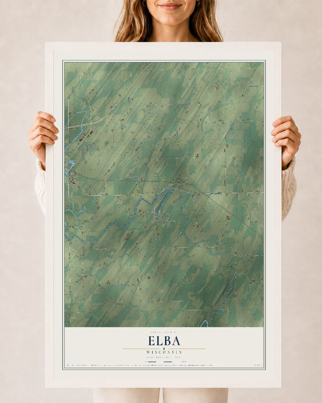 Map of Elba, Wisconsin, 24 x 36 inch print in a white wood frame