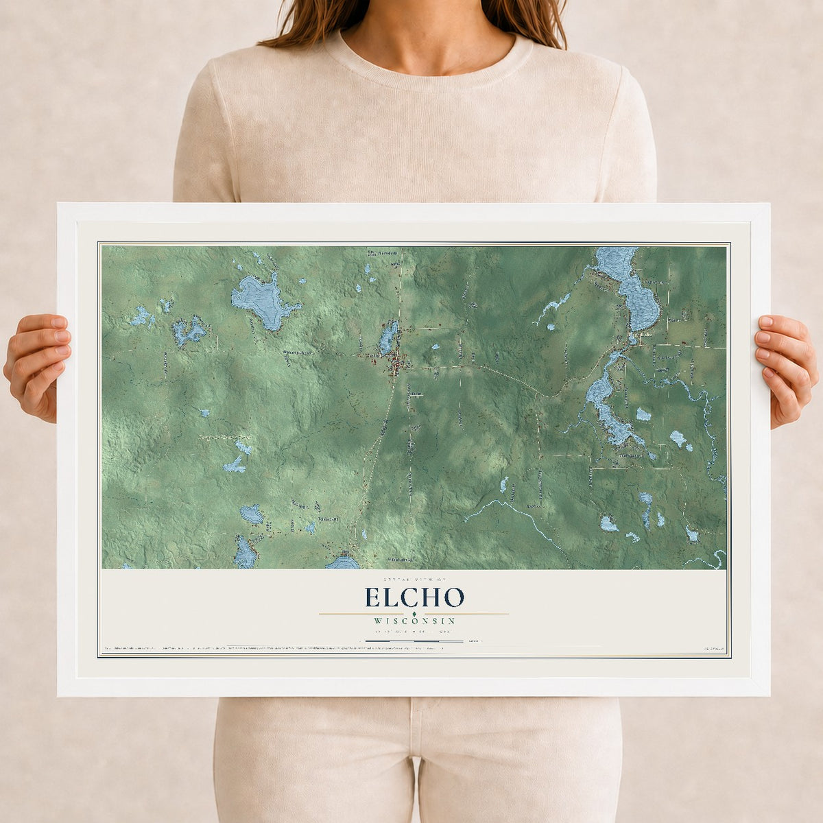 Map of Elcho, Wisconsin, 12 x 18 inch print in a white wood frame