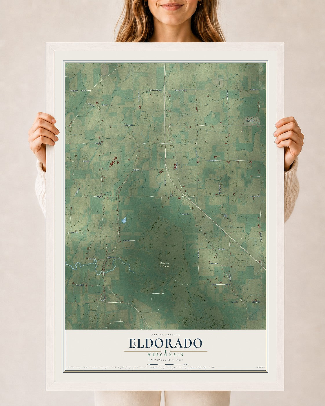 Map of Eldorado, Wisconsin, 24 x 36 inch print in a white wood frame