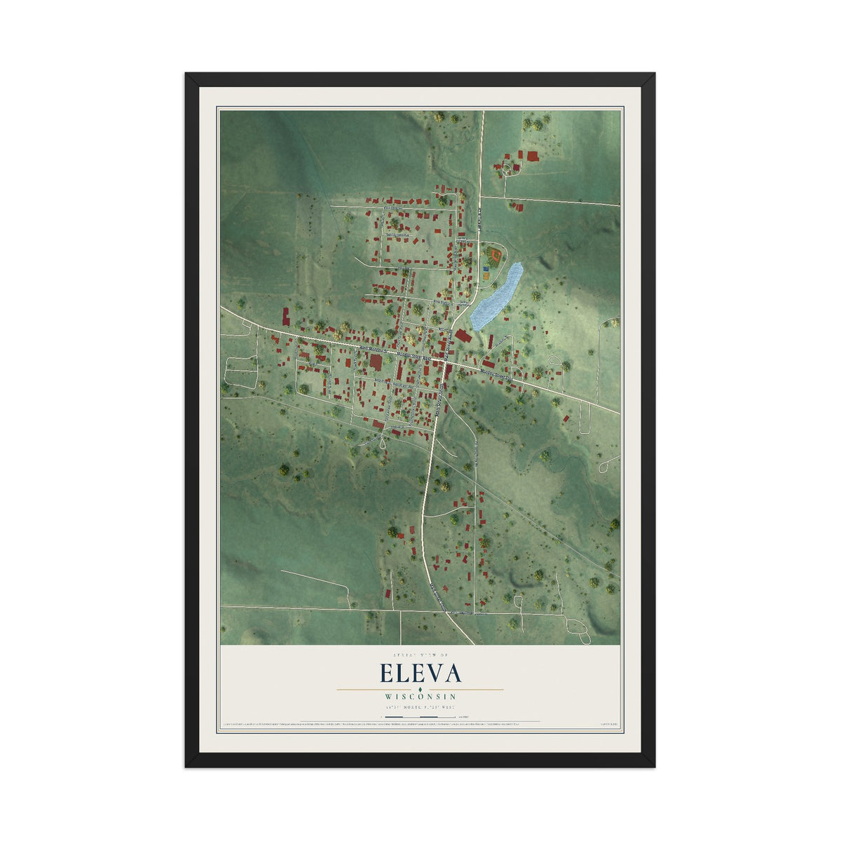 Map of Eleva, Wisconsin, 12 x 18 inch print in a black wood frame