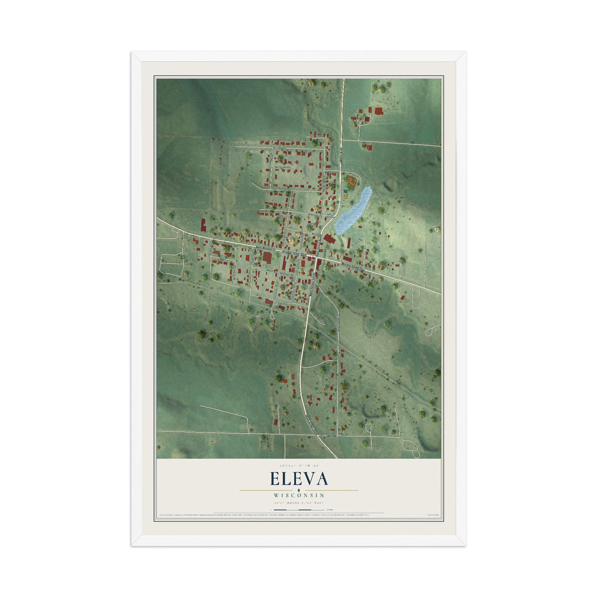 Map of Eleva, Wisconsin, 12 x 18 inch print in a white wood frame