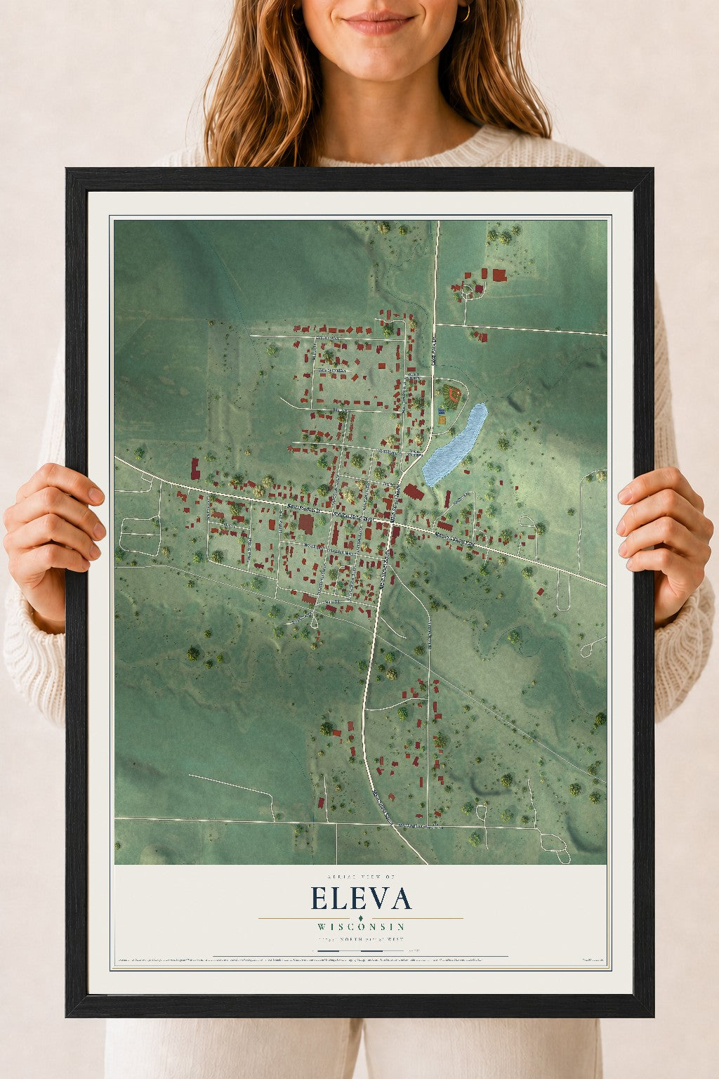 Map of Eleva, Wisconsin, 18 x 24 inch print in a black wood frame