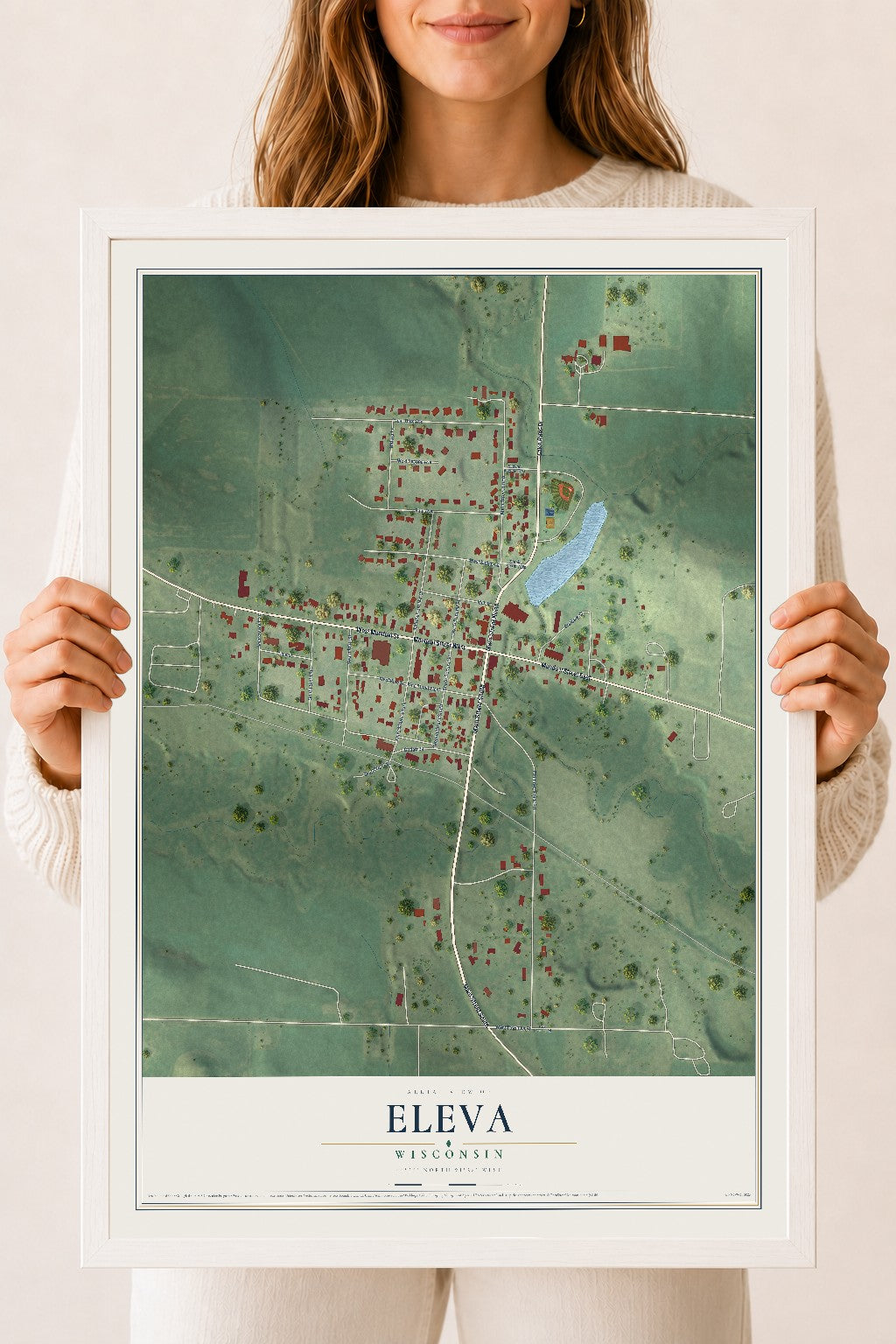 Map of Eleva, Wisconsin, 18 x 24 inch print in a white wood frame