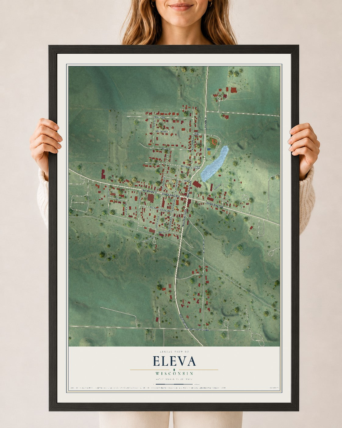 Map of Eleva, Wisconsin, 24 x 36 inch print in a black wood frame
