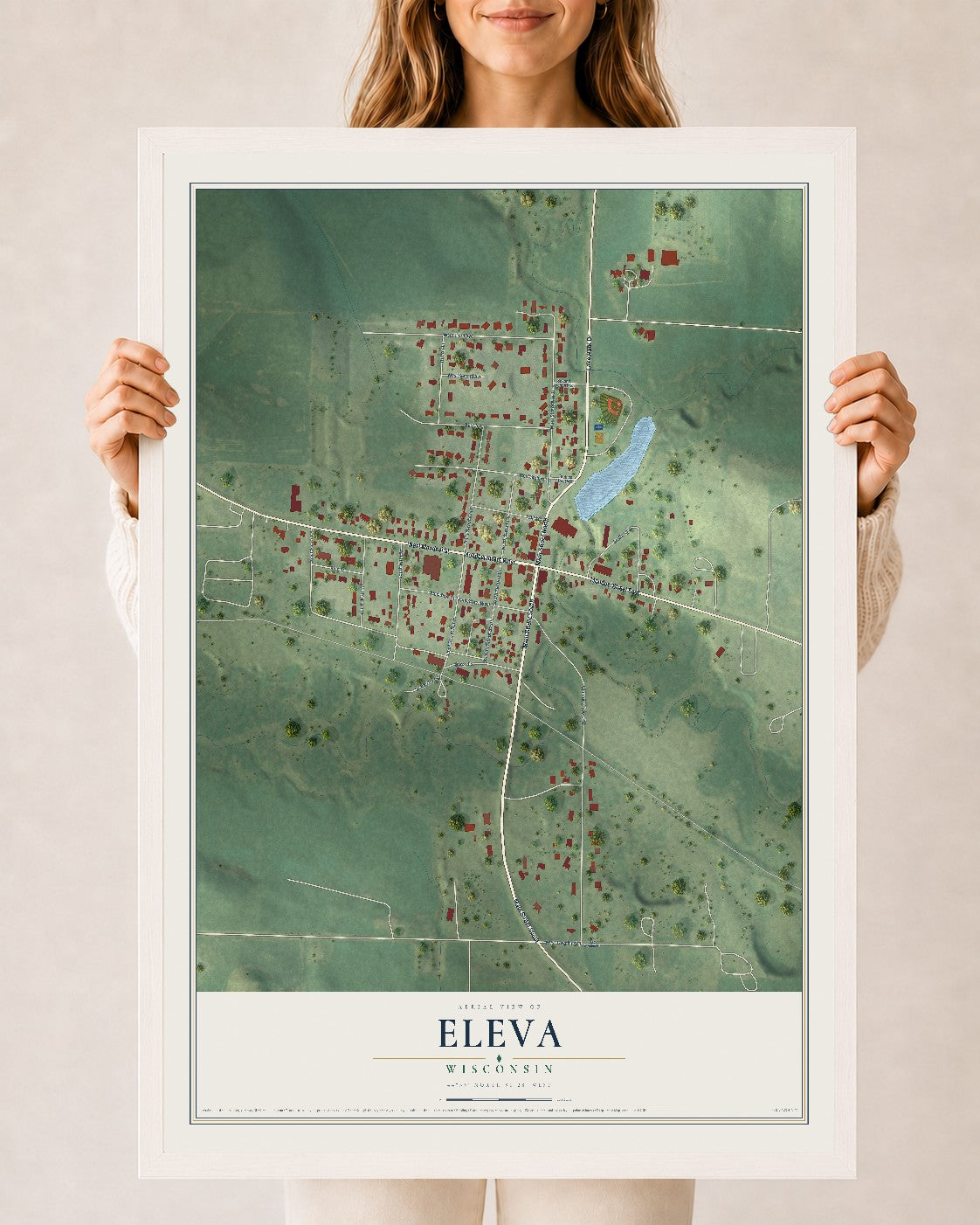 Map of Eleva, Wisconsin, 24 x 36 inch print in a white wood frame