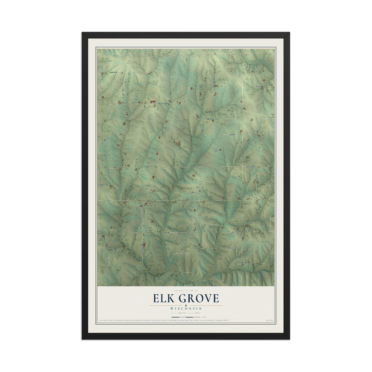 Map of Elk Grove, Wisconsin, 12 x 18 inch print in a black wood frame