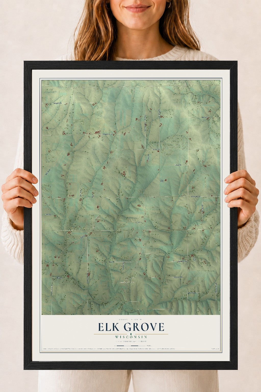 Map of Elk Grove, Wisconsin, 18 x 24 inch print in a black wood frame