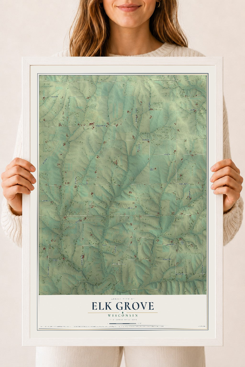Map of Elk Grove, Wisconsin, 18 x 24 inch print in a white wood frame