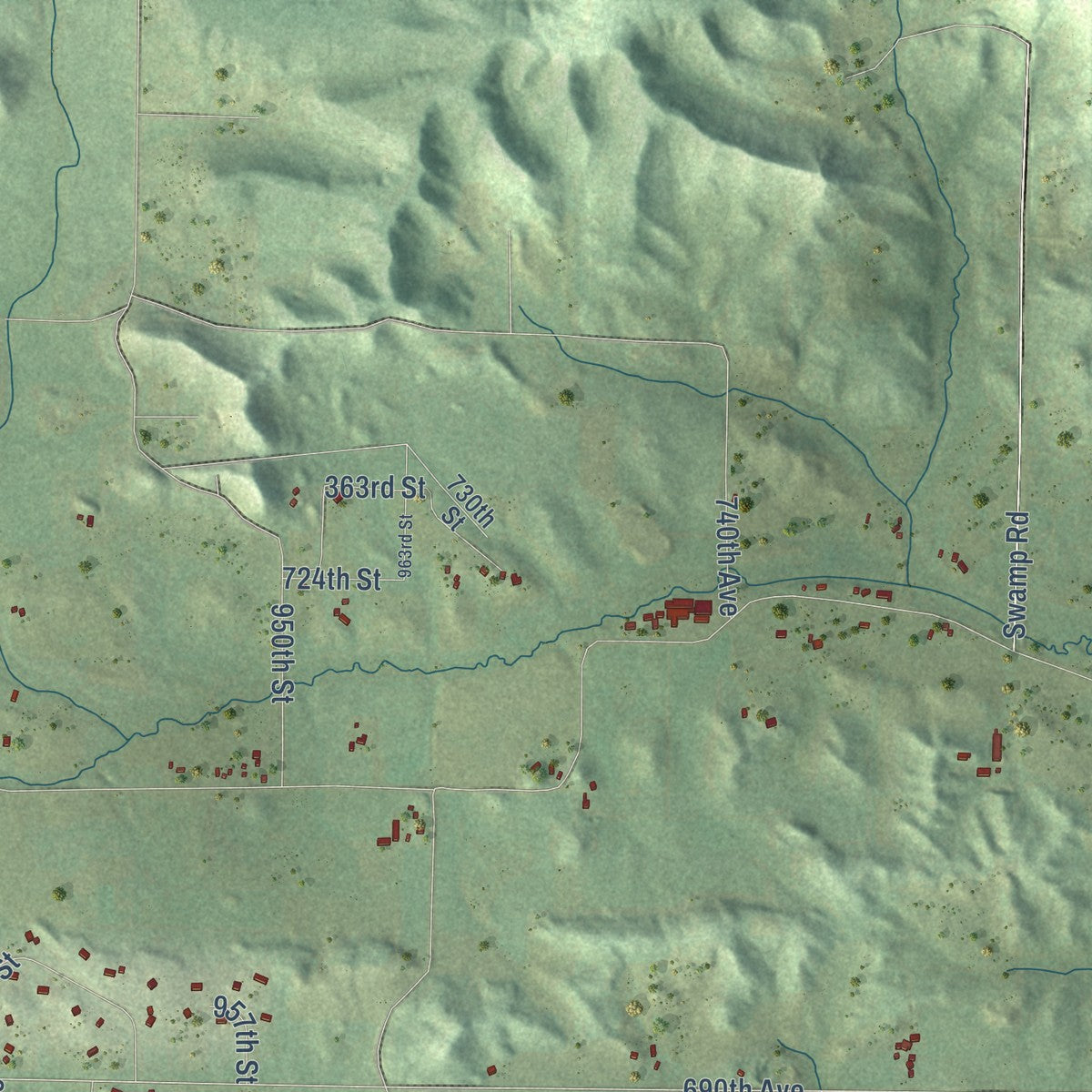 Second close-up of the map of the Town of Elk Mound, Wisconsin print showing more streets and buildings