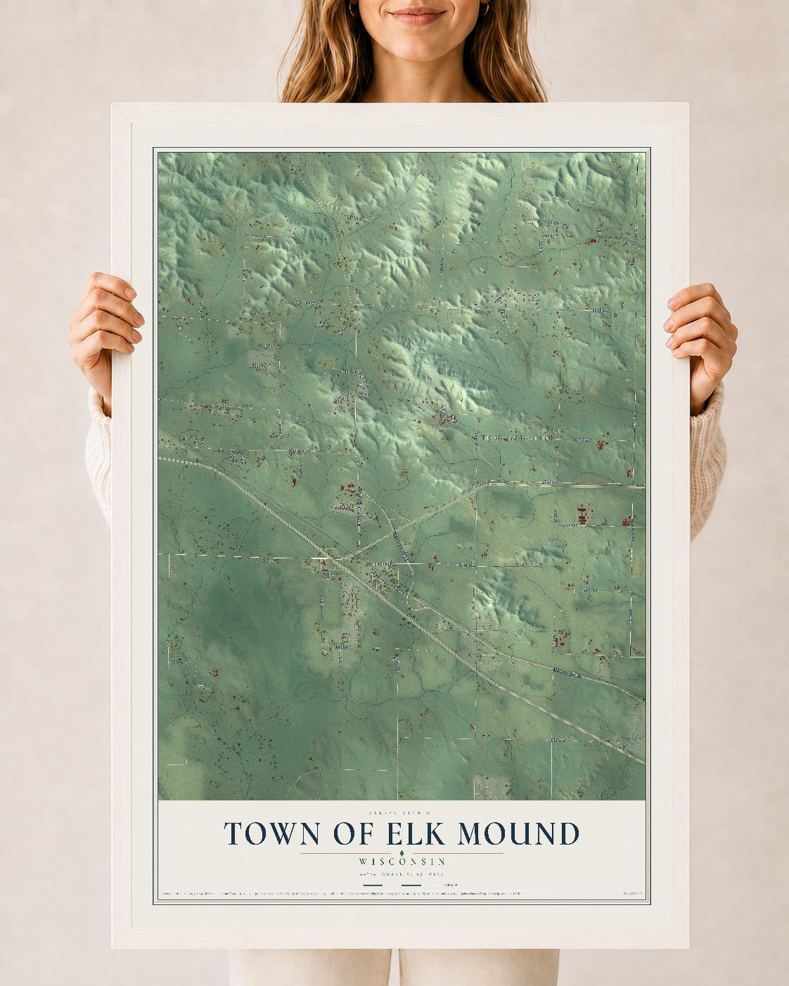 Map of the Town of Elk Mound, Wisconsin, 24 x 36 inch print in a white wood frame