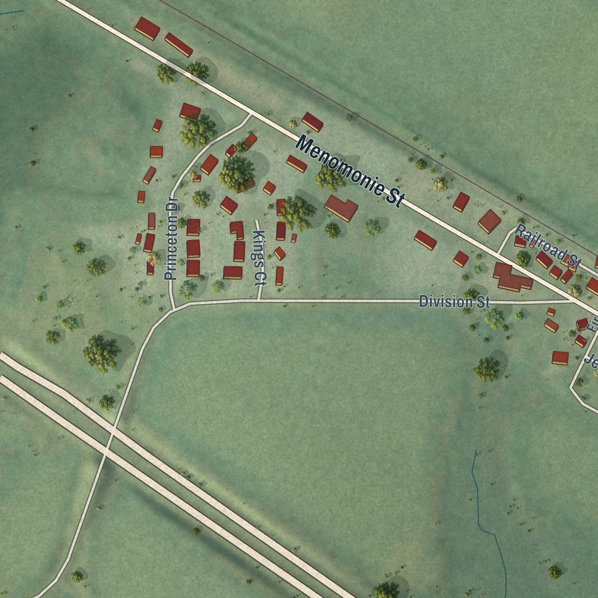 Second close-up of the map of Elk Mound, Wisconsin print showing more streets and buildings