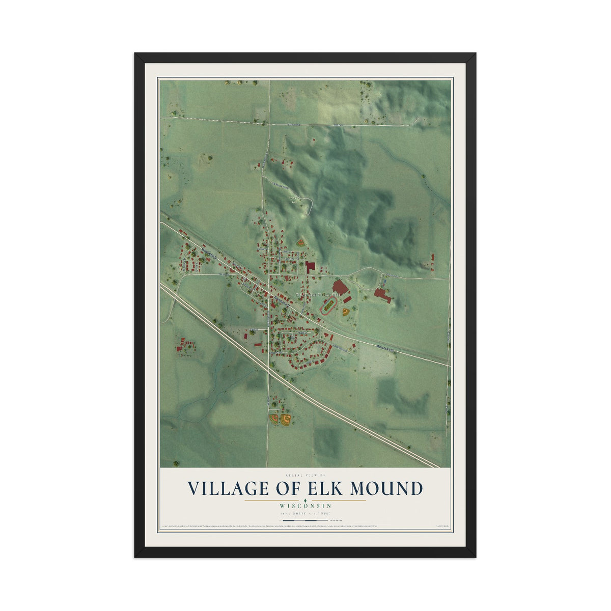 Map of Elk Mound, Wisconsin, 12 x 18 inch print in a black wood frame