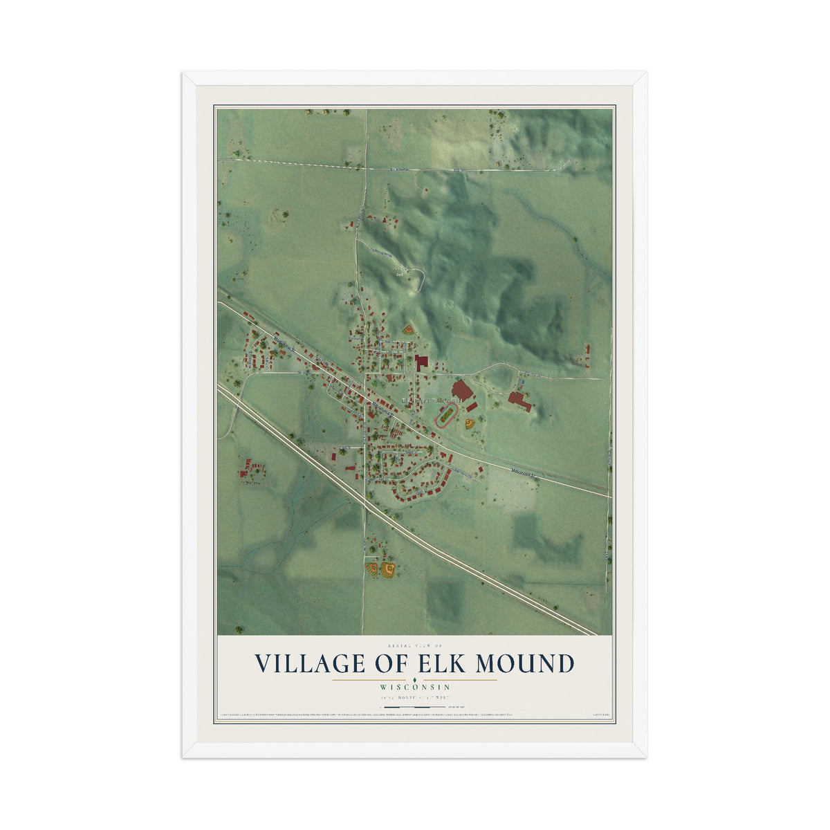 Map of Elk Mound, Wisconsin, 12 x 18 inch print in a white wood frame
