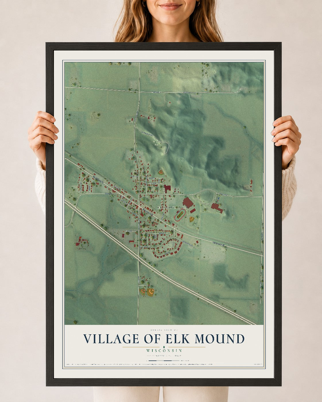 Map of Elk Mound, Wisconsin, 24 x 36 inch print in a black wood frame