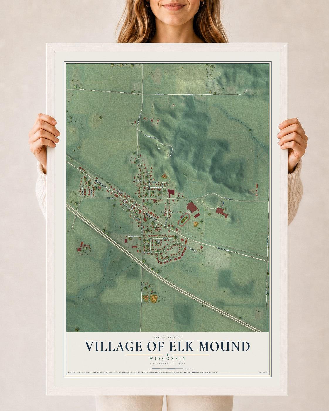Map of Elk Mound, Wisconsin, 24 x 36 inch print in a white wood frame
