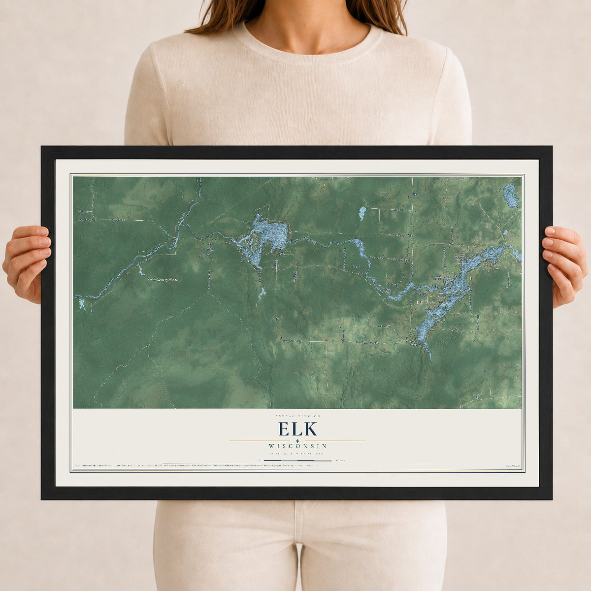 Map of Elk, Wisconsin, 12 x 18 inch print in a black wood frame