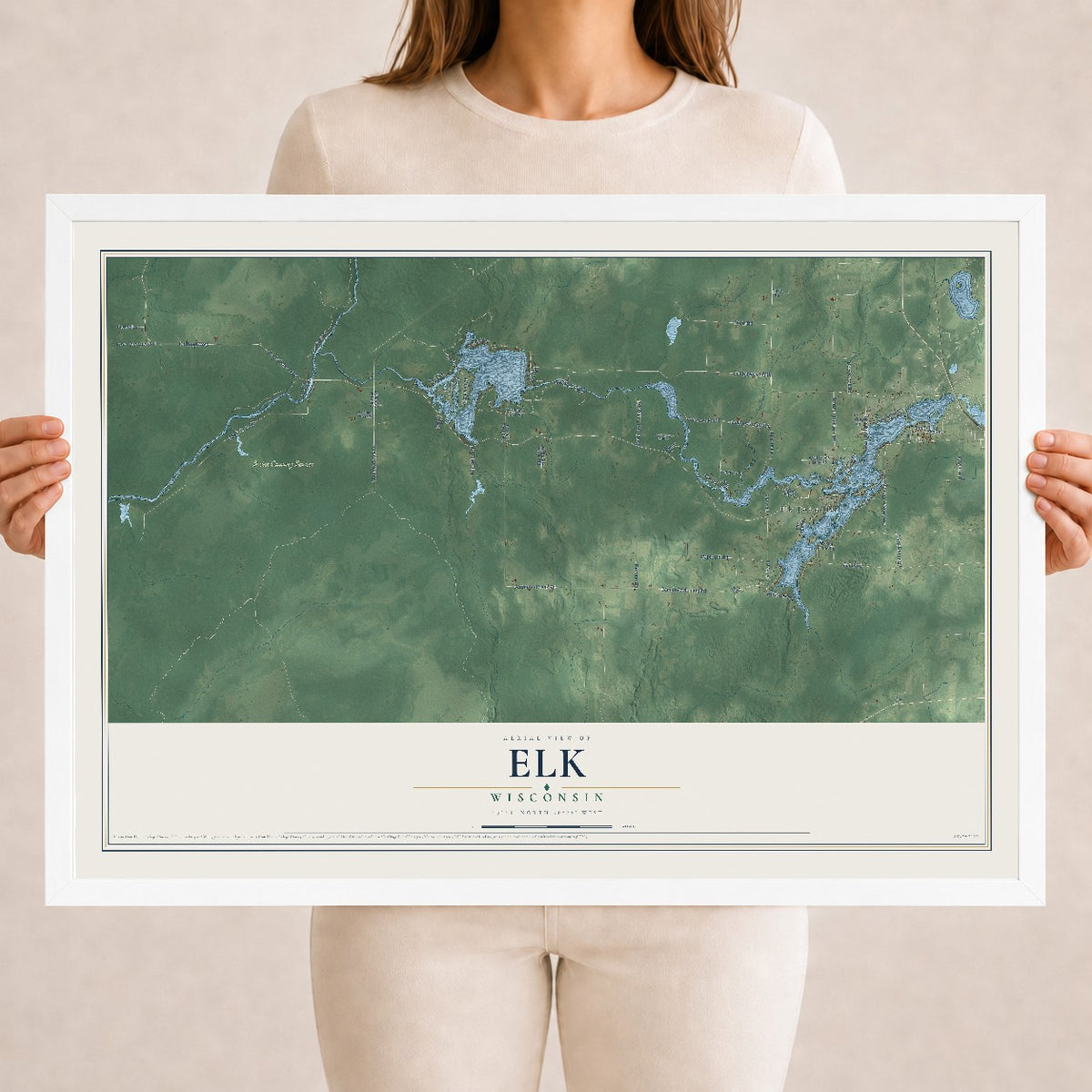 Map of Elk, Wisconsin, 18 x 24 inch print in a white wood frame