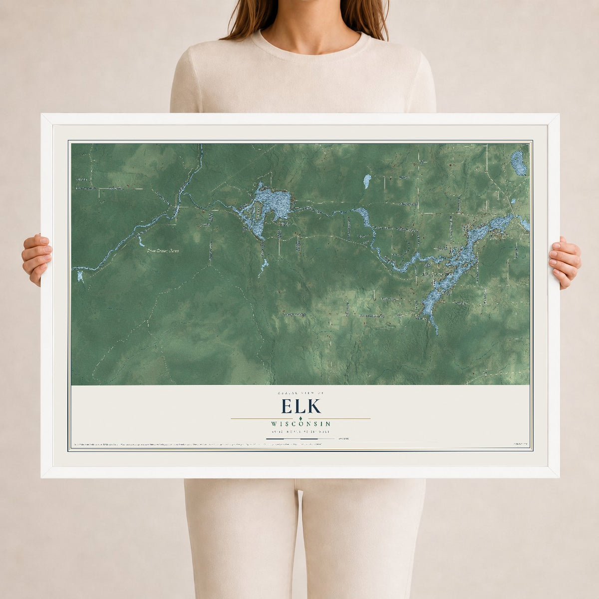 Map of Elk, Wisconsin, 24 x 36 inch print in a white wood frame