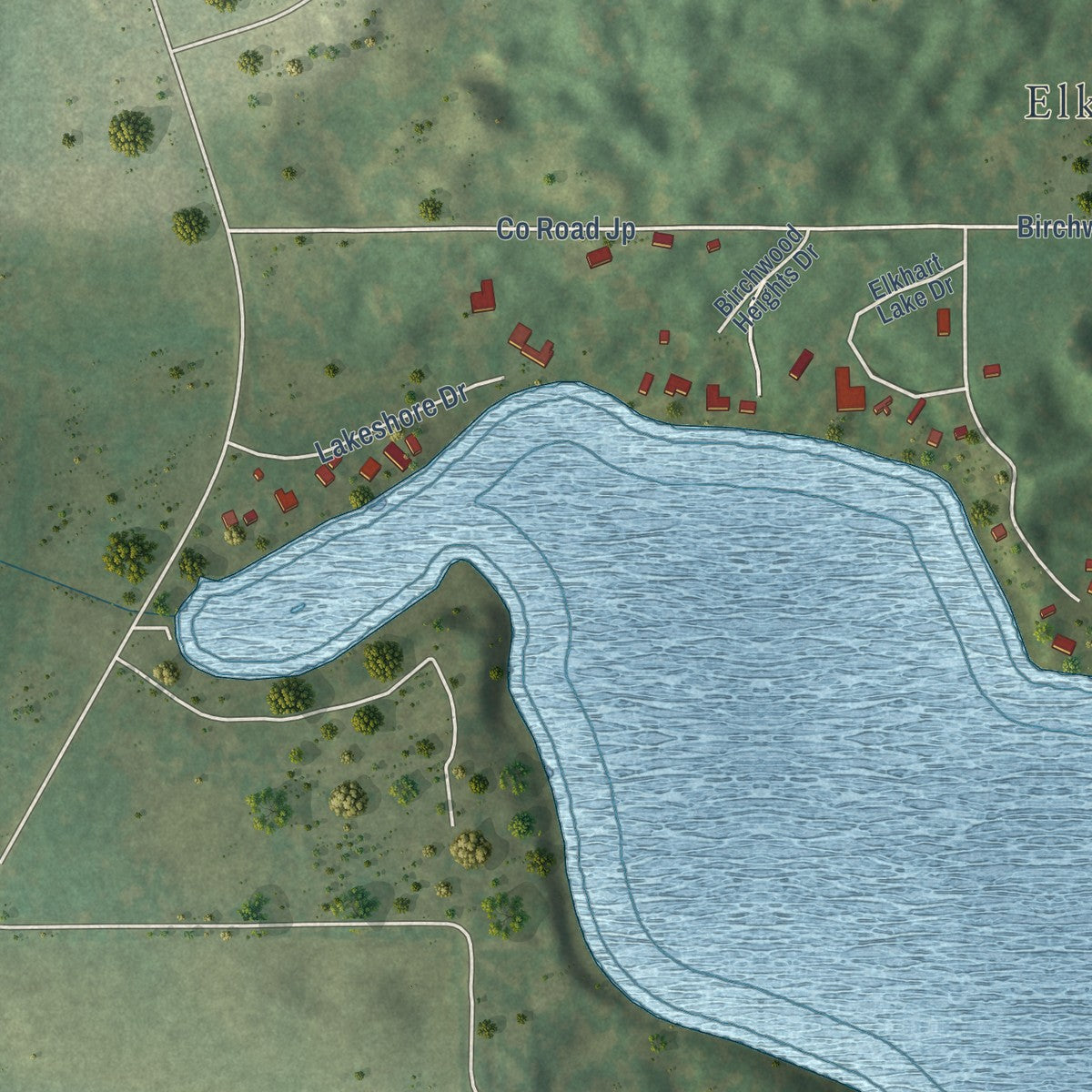 Second close-up of the map of Elkhart Lake, Wisconsin print showing more streets and buildings