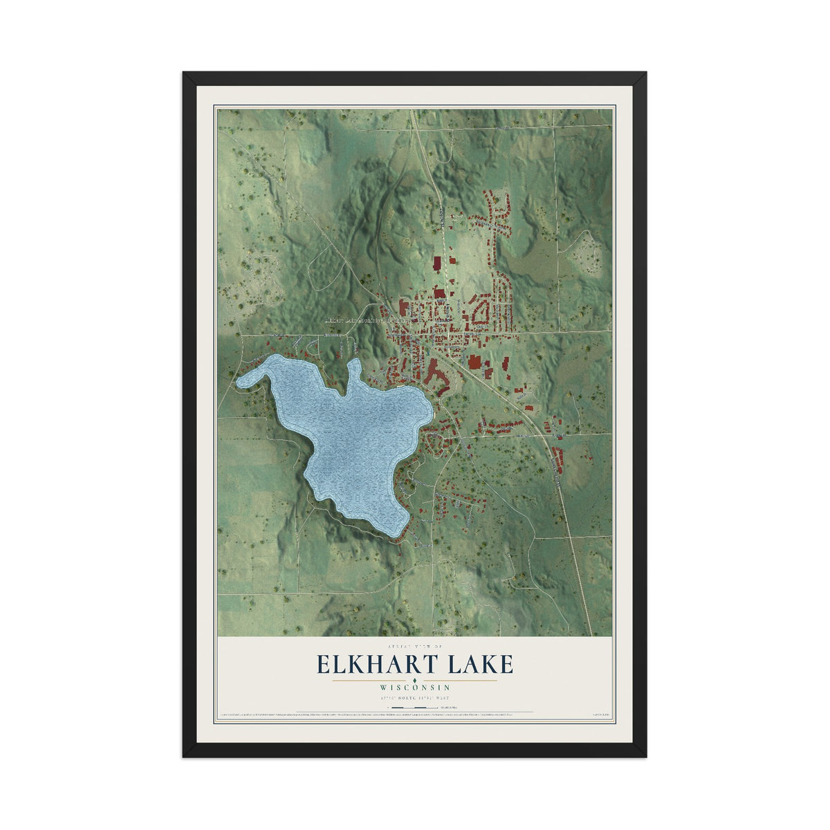 Map of Elkhart Lake, Wisconsin, 12 x 18 inch print in a black wood frame