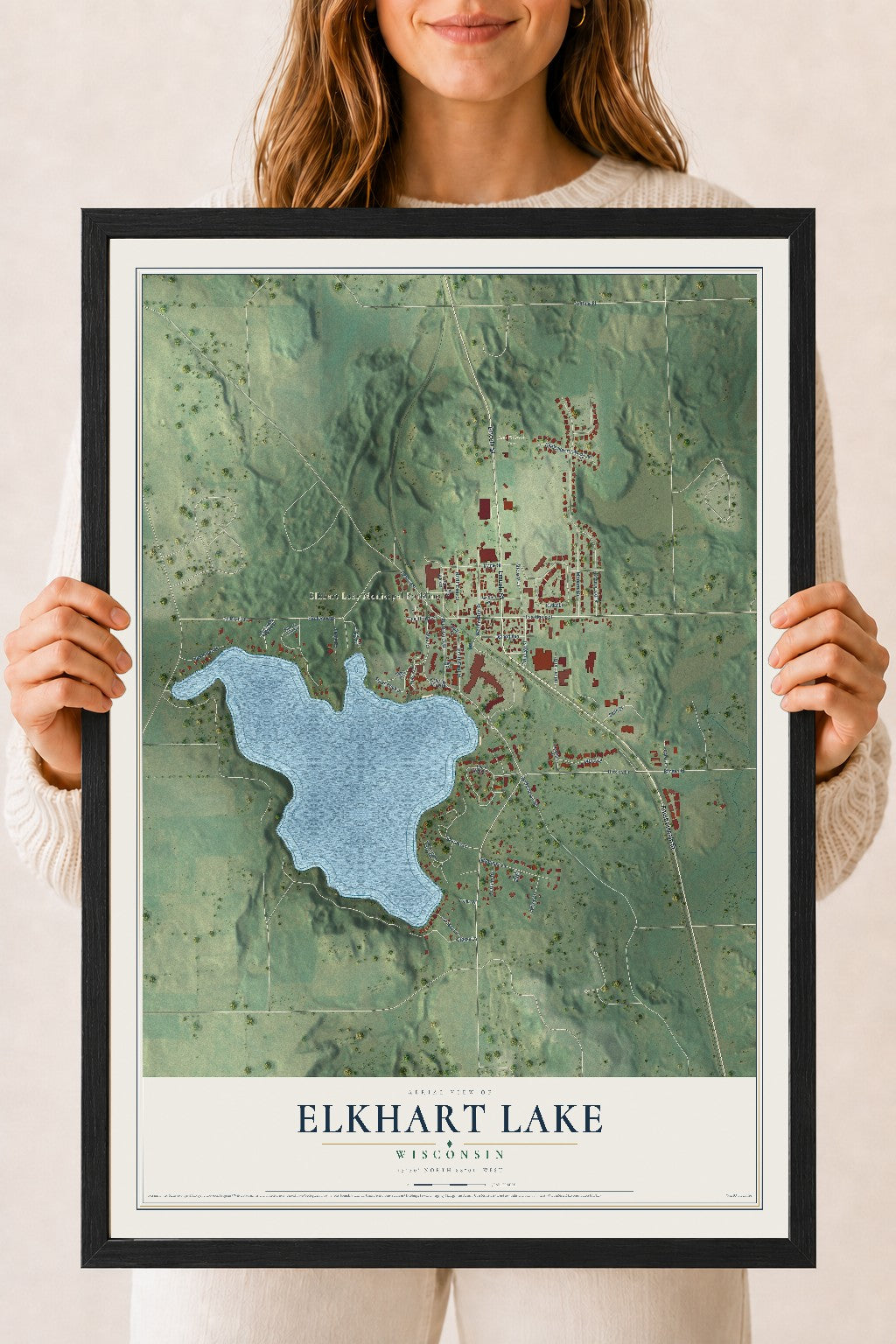 Map of Elkhart Lake, Wisconsin, 18 x 24 inch print in a black wood frame