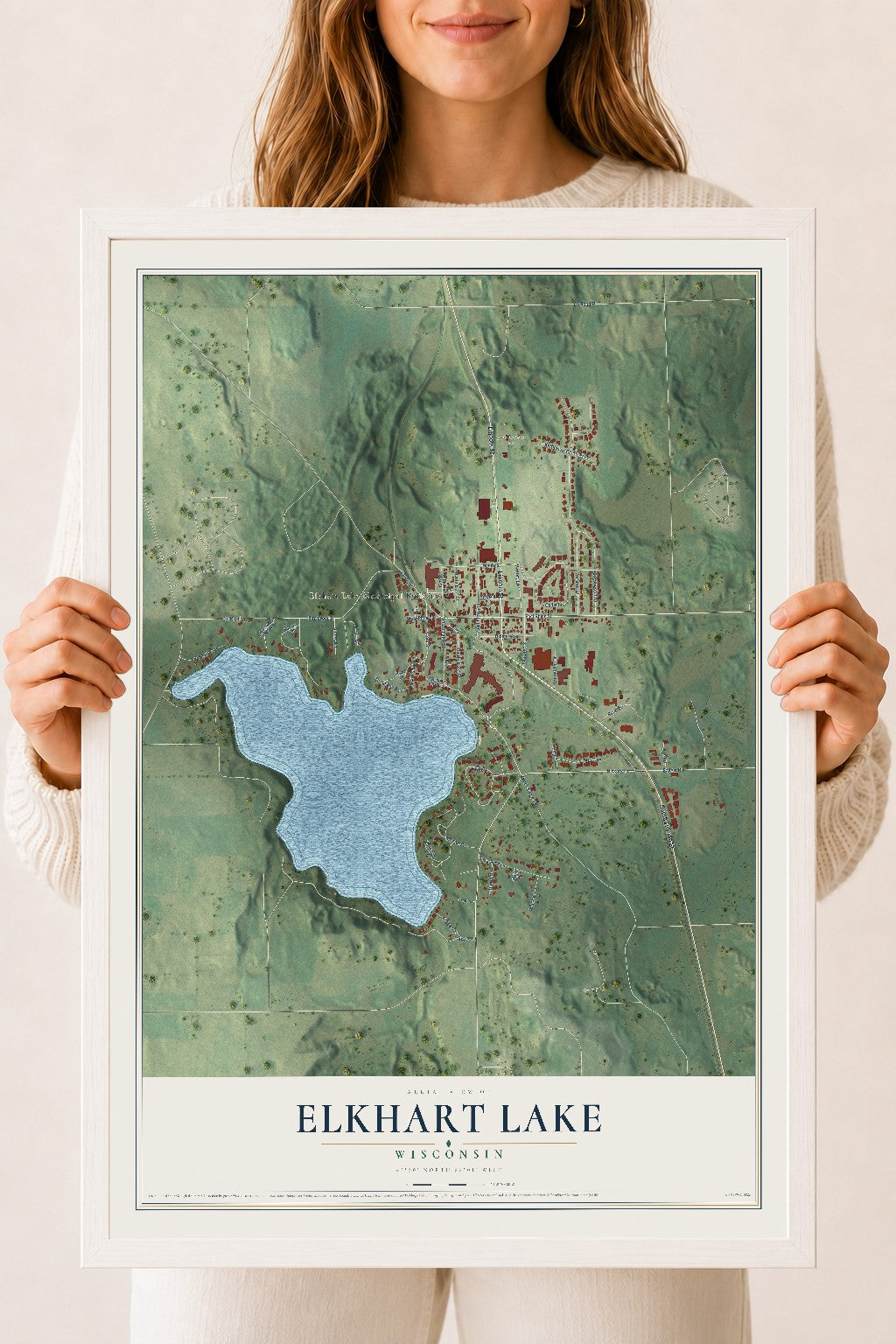 Map of Elkhart Lake, Wisconsin, 18 x 24 inch print in a white wood frame
