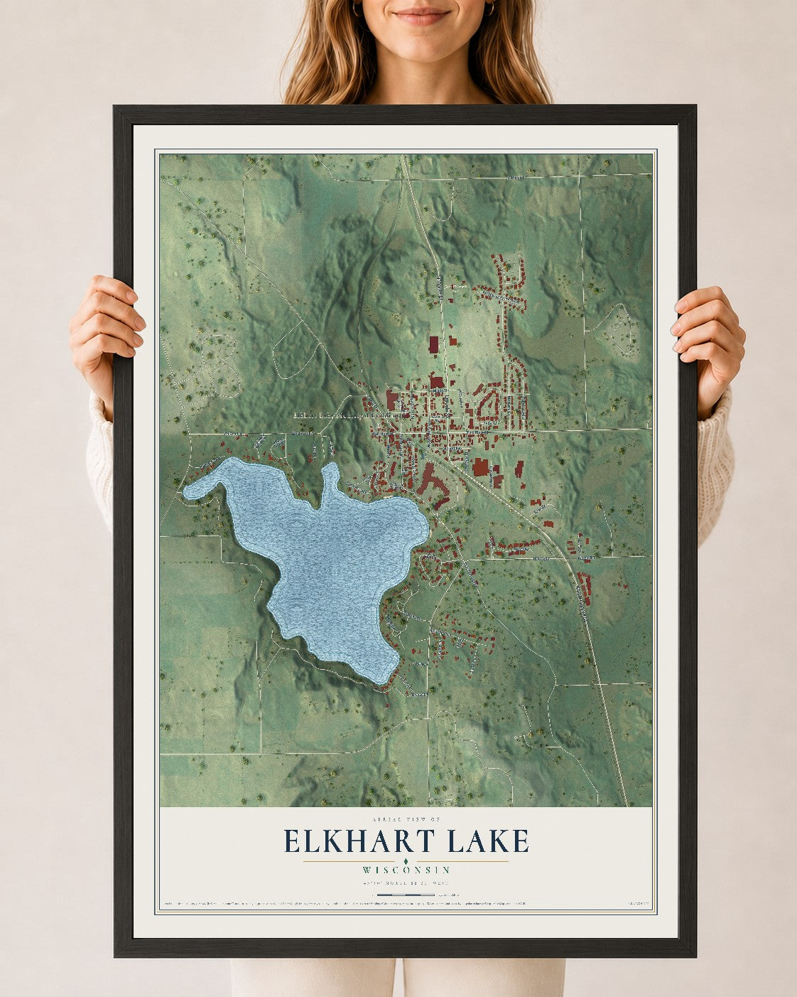 Map of Elkhart Lake, Wisconsin, 24 x 36 inch print in a black wood frame
