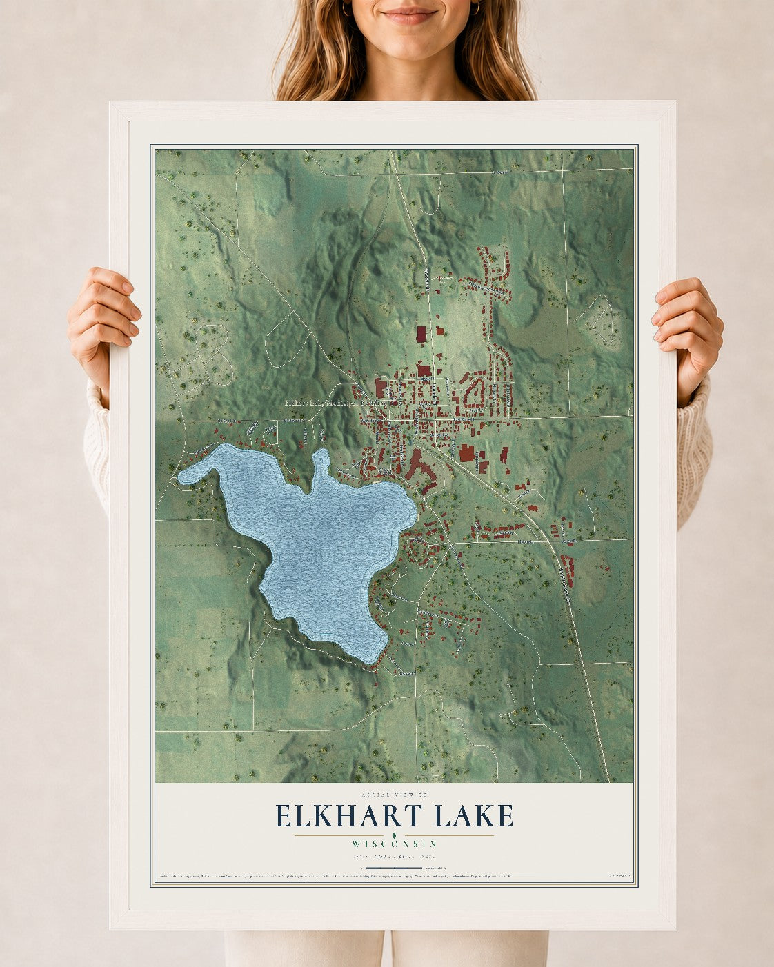 Map of Elkhart Lake, Wisconsin, 24 x 36 inch print in a white wood frame